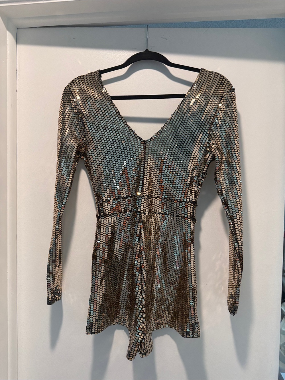 Halloween disco Gold Sequin V-Neck Long Sleeve Romper